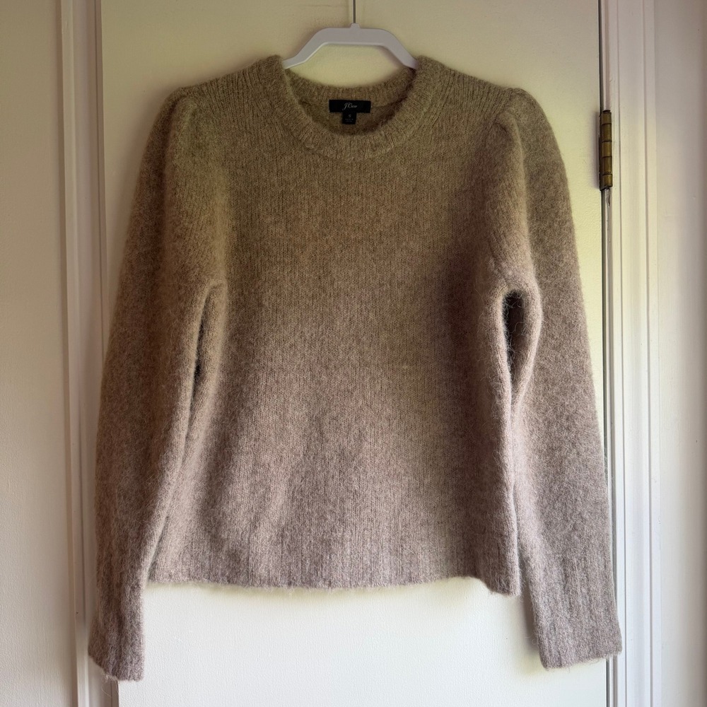 J.Crew Alpaca Merino Wool Puff Shoulder Crewneck Sweater Taupe Small Fuzzy Knit